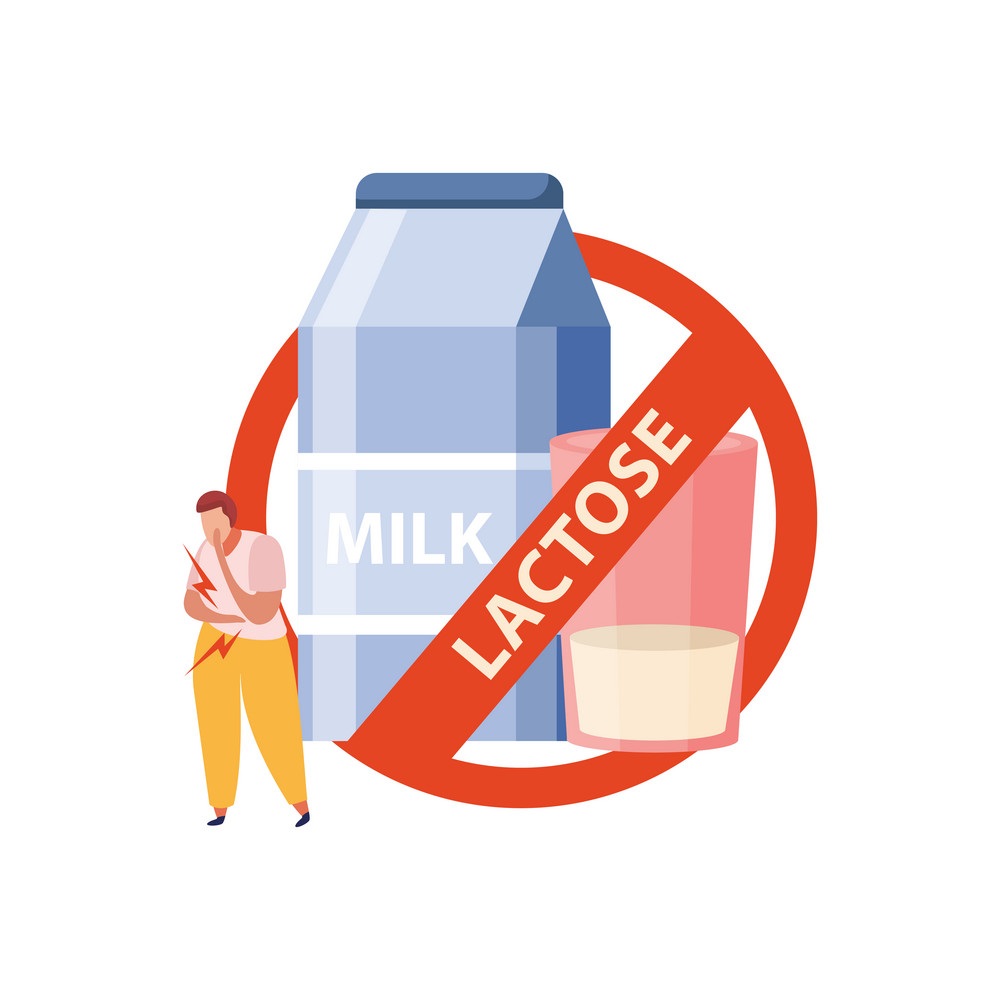 vector art: a crossed-out milk carton with the inscription lactose and a human figure